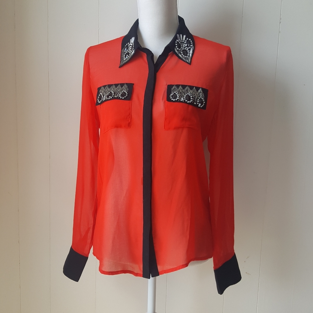 BKE Boutique Sheer Red Beaded Button Down Shirt